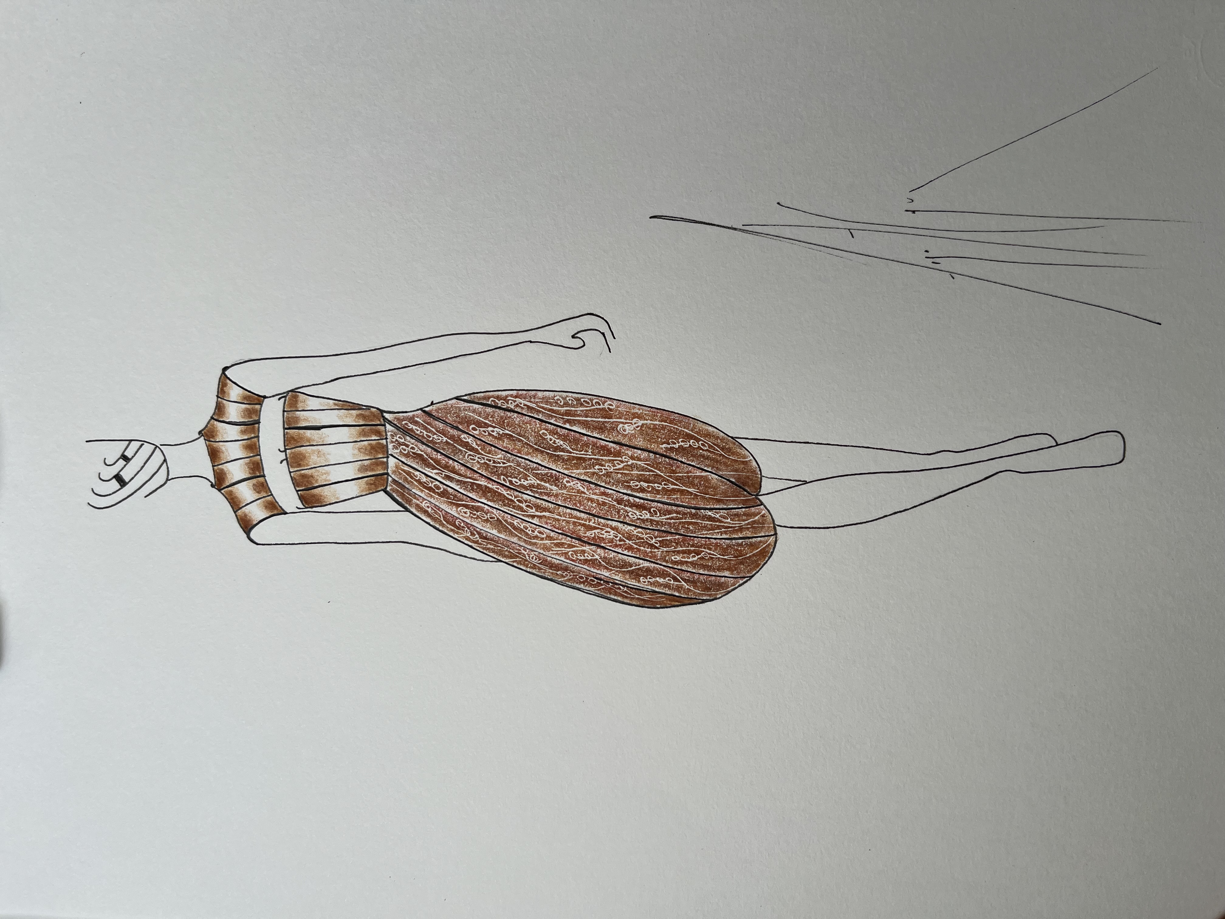drawing of original design for satin dress in soft brown tiny pleats with a balloon skirt